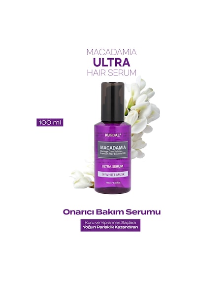 Kuru Ve Yıpranmış Saçlara Onarıcı Bakım Serumu Kundal Macadamia Ultra Hair Serum 100ml White Musk