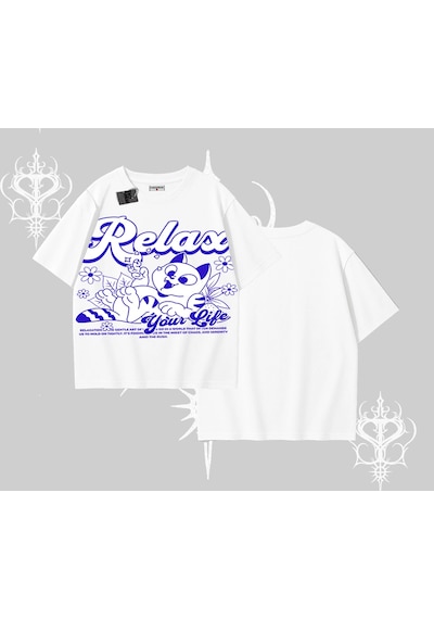 Tarzsokak Relax Kedi Baskılı Oversize Tshirt Beyaz