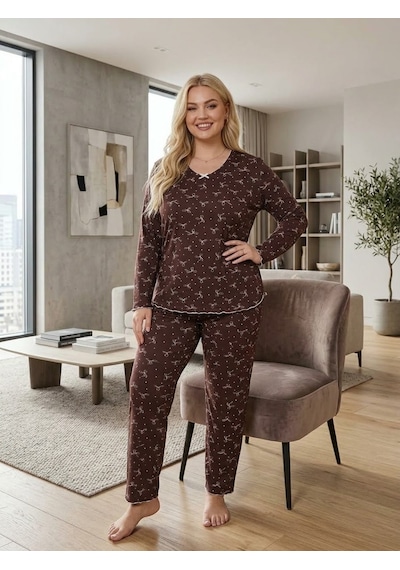Büyük Beden Yumuşak Tuşeli Uzun Kol Likralı Pijama Takımı 8708 Kahverengi Büyük Beden Yumuşak Tuşeli Uzun Kol Likralı Pijama Takımı 8708 Kahverengi