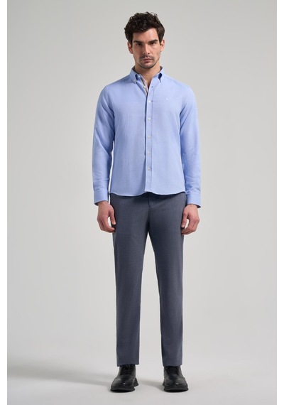 İmza Uzun Kol Desenli Armürlü Düğmeli Yaka Cepsiz Pamuklu Casual Slim Fit Gömlek 1004250206 Mavi