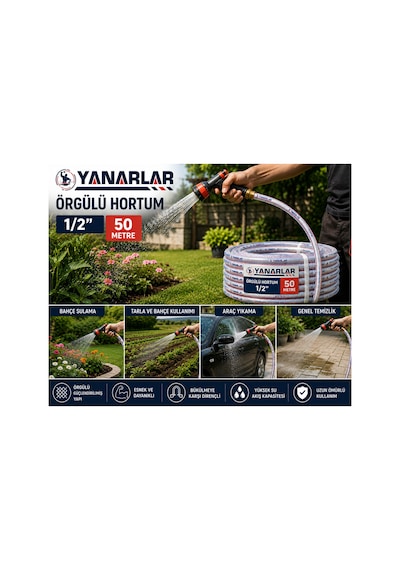 Örgülü Market Hortum 1/2" 50 Metre Esnek Ve Dayanıklı Sulama Hortumu