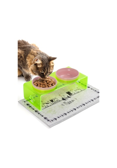 Gobypet 2'li Yeşil Pleksi Dekoratif Kedi Ve Köpek Seramik Mama & Su Kabı + Paspas