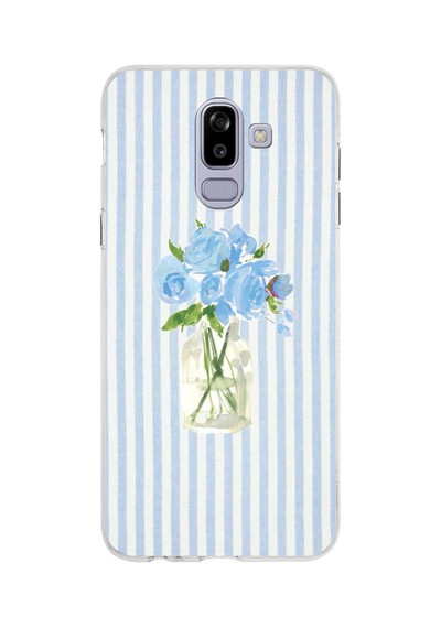 Samsung Galaxy J8-a6 Plus Uyumlu Mavi Çizgili Sulu Boya Çiçek Baskılı Silikon Kılıf