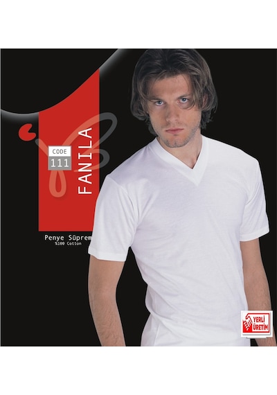 Güneri Underwear Erkek Beyaz Süprem Yarım Kollu V Yaka % 100 Pamuklu Fanila 3 Lü Paket 111-3b Beyaz