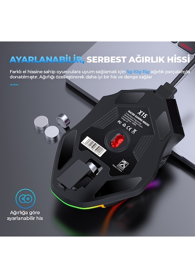 Mkespn X15 Gaming Mouse 12800 Dpı 12 Tuş Makro 1000hz Rgb - Siyah Diğer