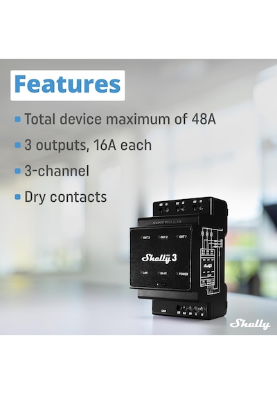 Shelly Pro 3 Wi-fi, Lan Ve Bluetooth 3 Kanallı Akıllı Röle Ev Ve Bina Otomasyonu Alexa Ve