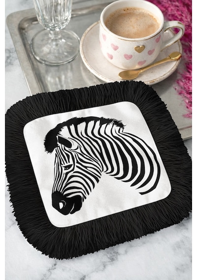Zebra Çizgili Şık Saçaklı Sunum Peçetesi - Siyah Beyaz Safari Etnik Desenli Kahve Sunum Mendili Gece Koyu Taba