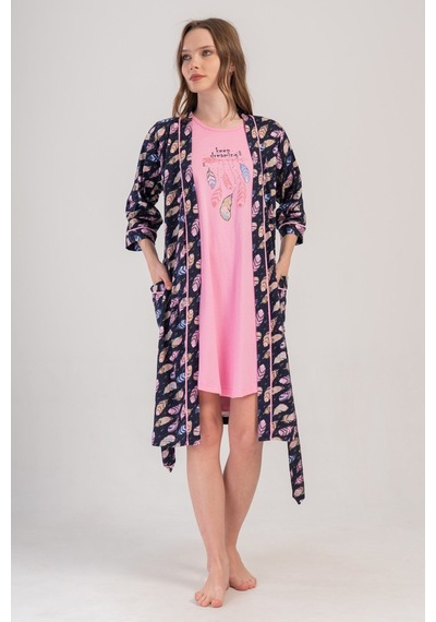 Yake Store Kadın P.suprem Kısa Kol Tunık+ 3/4kol Sabahlık Takım - Rosebloom Pembe