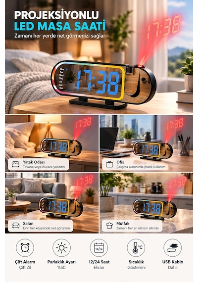 Tr Modern Dijital Led Masa Saati Alarm Özellikli 12 24 Saat Seçenekli Sıcaklık Göstergeli Ekran Diğer