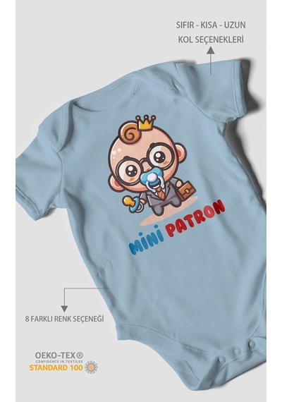 Mini Patron Baskılı Bebek Zıbını Çıtçıtlı Body %100 Pamuk Kısa Kol Bebe Mavisi
