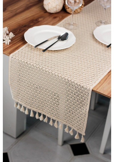 Pamuk Örme Püsküllü Krem Dantel Runner 35x145 Cm Sunum Örtüsü