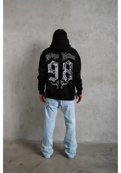 Erkek 98 Baskılı Kapüşonlu 3 İplik Pamuklu Hoodie Sweatshirt - Siyah