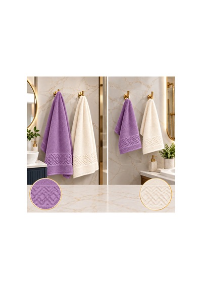 4 İü Hamam Seti 50x90 Ve 70x140 Pamuk Jakarlı Lila - Krem