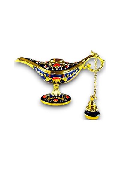 Aladdin Sihirli Lambası Renkli İşlemeli Dekoratif Biblo Alaattin Metal Çelik No:1 - 11x7 CM
