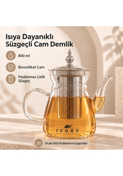 Isıya Dayanıklı Paslanmaz Çelik Süzgeçli Cam Demlik - 800 Ml Çok Renkli