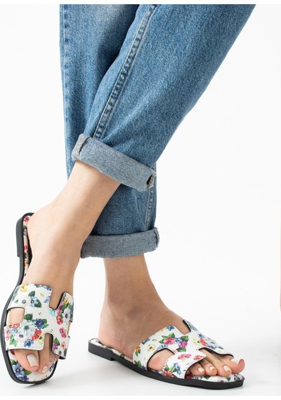 Dabab Shoes Florısa Kadın Çiçek Desenli H Bantlı Beyaz Düz Taban Yazlık Terlik