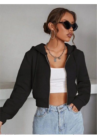 Kadın Kapüşonlu Fermuarlı Crop Hırka Sweatshirt -üç İplik Şardonlu