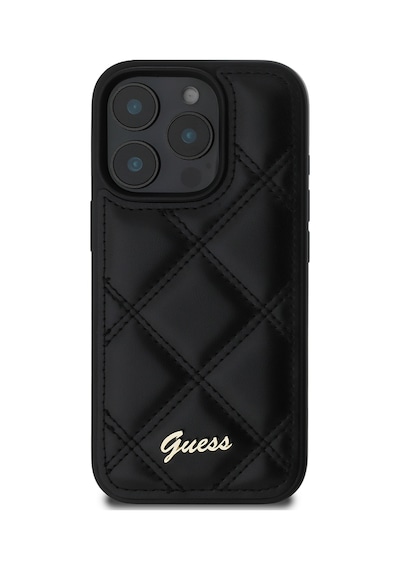 Apple iPhone 16 Pro Max Uyumlu Kılıf Guess  Lisanslı Pu Deri Metal Yazı Logolu Kapitone Kapak Siyah
