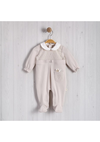 Lamato Baby Cepte Çiçek Aksesuarlı Bebe Kız Tulum Bej