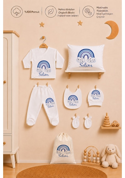 Pia Baby Erkek Bebek Hastane Çıkışı Hediye Seti 8 Parça Zıbın Set %100 Pamuk Battaniye Yastık Ve Kese 1101zybkyx Ekru