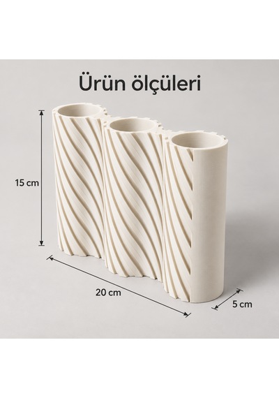 Çizgili Modern Tasarım Üç Bölmeli Dekoratif Vazo - Çiçeklik Krem
