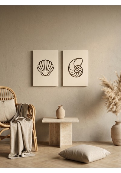Maris Relief 2'li Duvar Sanatı Seti - Modern Minimalist Deniz Kabuğu Motifli Kazıma Tablo