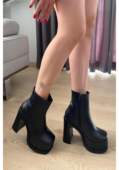 Kadın Sidney Siyah Cilt 12 Cm Platform Topuklu Fermuarlı Bot Siyah