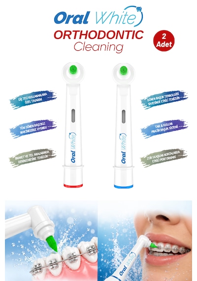Oral White Orthodontic Cleaning Arayüz Fırçası Başlığı Diş Teli Olanlara Özel Dönen Başlıklı 2 Adet Yedek Başlık