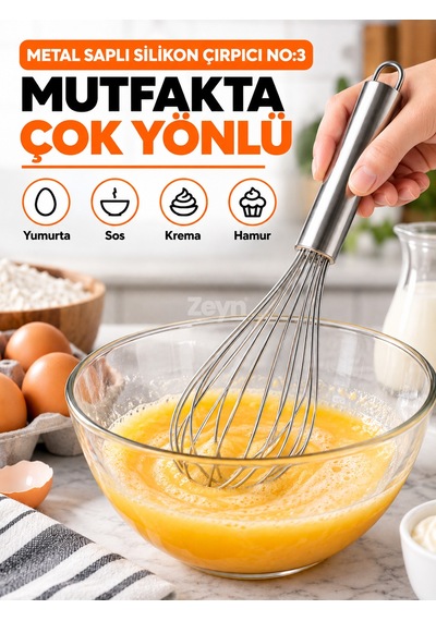 Metal Saplı Silikon Çırpıcı No:3 Yumurta Çırpıcı Ve Hamur Karıştırıcı Mutfak Gereci
