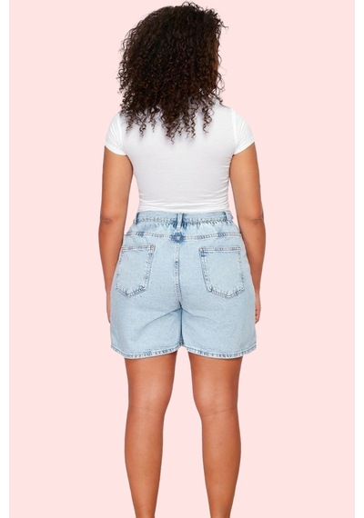 Ersefa Kadın Pamuklu Denim Şort Beli Lastikli Geniş Paça Yazlık Günlük K Açık Mavi
