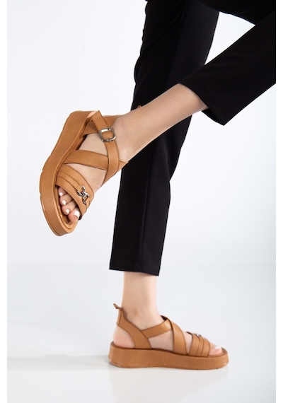 Analin Shoes Kadın Hakiki Deri Çapraz Bilekten Bantlı Günlük Sandalet Taba