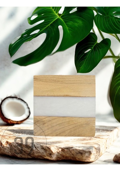 Ceviz & Beyaz River Epoksi Bardak Altlığı Seti 6 Lı, El Yapımı Ceviz Ahşap, 12x12 Cm, Modern & Şık Tasarım Beyaz