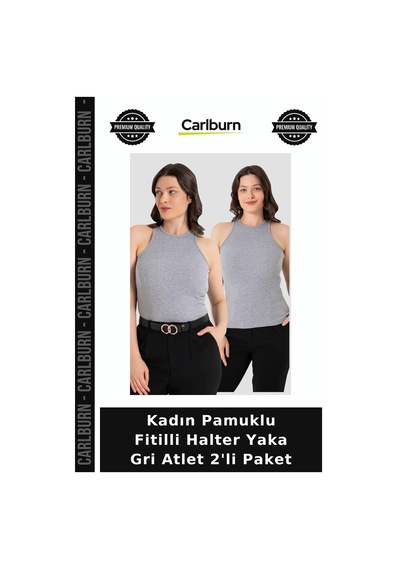 Carlburn Kadın Pamuklu Fitilli Halter Yaka Gri Atlet 2'li Paket Kombin Parçası Günlük Giyim Temel Giysi Gri 2