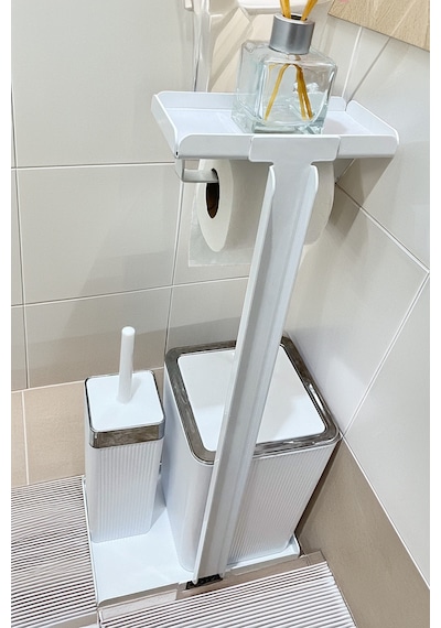 3'ü 1 Arada Banyo Seti Tuvalet Kağıtlık, Çöp Kovası Ve Tuvalet Fırça Takımı Beyaz - Krom