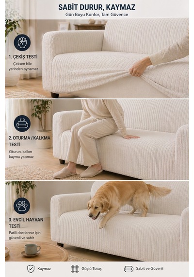 Premium Çizgili Kırık Beyaz Koltuk Örtüsü Kaymaz, Şık Ve Modern Tasarım
