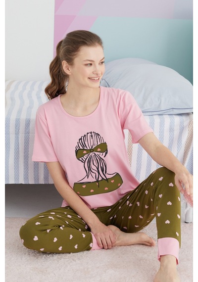 Siyah İnci Pamuklu Örme Pijama Takım 24113156 Çok Renkli