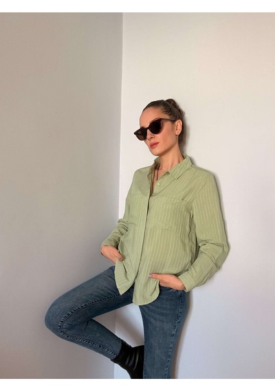 Ali Butik Çağla Fitilli Gizli Düğme Detaylı Viskon Gömlek Çağla