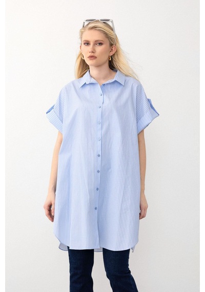 Olcay Yandan Yırtmaçlı Çizgili Poplin Tunik Açık Mavi 9283