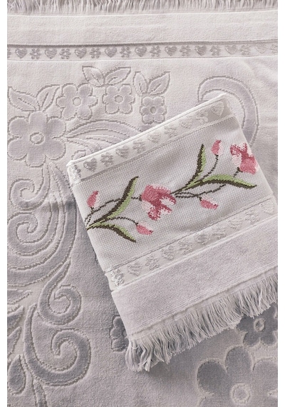 Gül Nakışlı Jakarlı Kadife El Yüz Havlusu - 50x90 Cm-gri Grı Gri