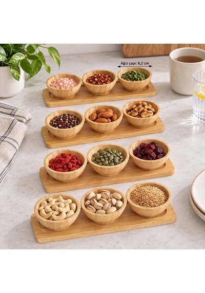 Bambu Üçlü Sosluk Stantlı Dörtlü Set Kahverengi