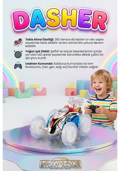 Çılgın Dasher Uzaktan Kumandalı Işıklı Takla Atan Araba 360 Derece Dönebilen Akrobatik Oyuncak Araba Beyaz