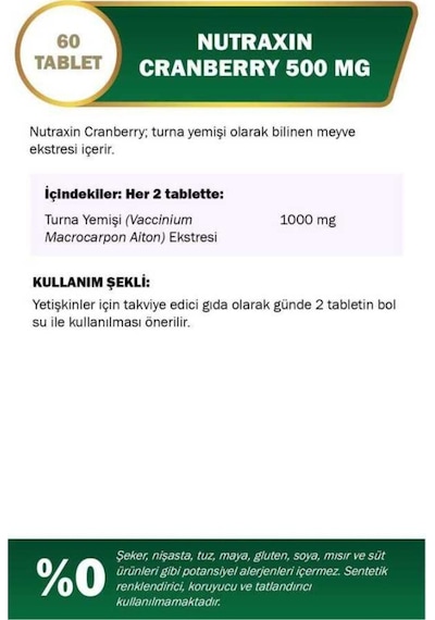 Nutraxin Cranberry Turna Yemişi 500 Mg 60 Tablet