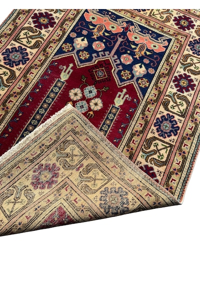 El Dokuma Vintage Eskitme Bünyan Halısı Seccade 86x130 Kırmızı Krem Kırmızı