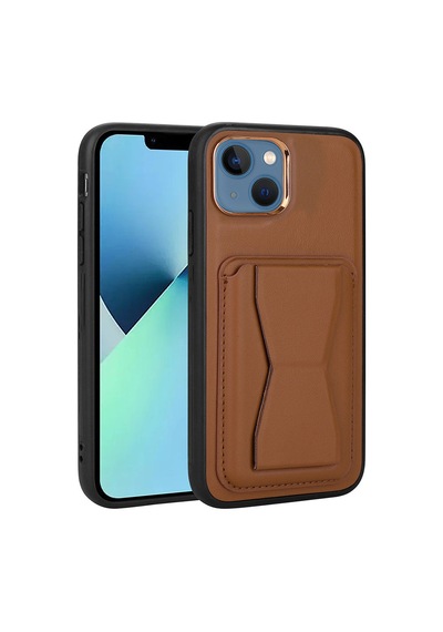 Zore Apple iPhone 13 Uyumlu Kartlıklı Standlı Pu Deri Omsy Memo Kılıf-kahverengi