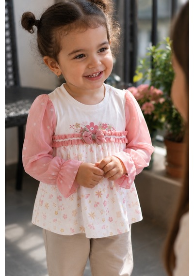 Babyhola Tül Kol Detaylı Kız Çocuk %100 Pamuk Mevsimlik Takım 13672 Somon