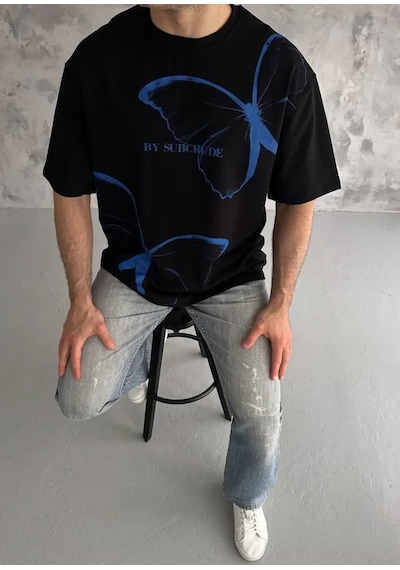 Modi Unisex Bisiklet Yaka Baskılı Oversize T-shirt - Siyah - Mymg180610