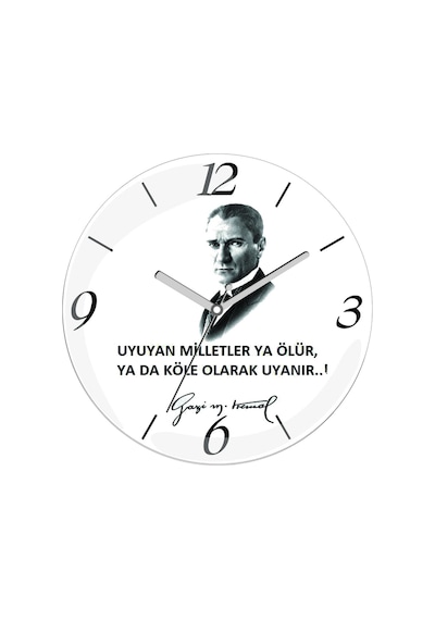 Atatürk Uyuyan Milletler Ya Ölür Çap 30cm Sessiz Akar Bombeli Gerçek Cam Duvar Saati Beyaz - Siyah