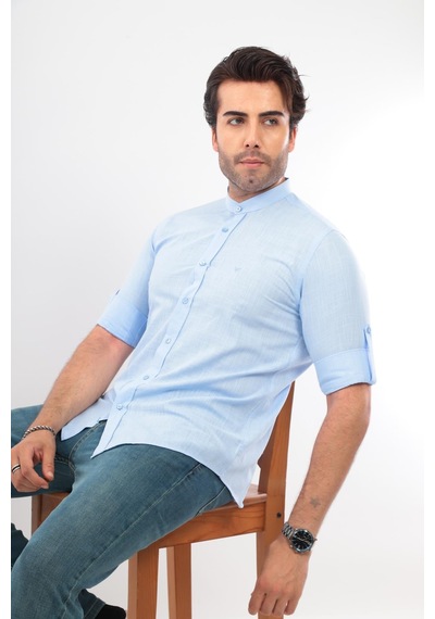 Hakim Yaka Slim Fit Keten Hediye Kutulu Erkek Gömlek Fs-003042 - Mavi-2194 MAVİ