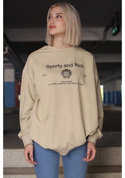 Bej Bisiklet Yaka Baskılı Oversize Kadın Sweatshirt Mg1577
