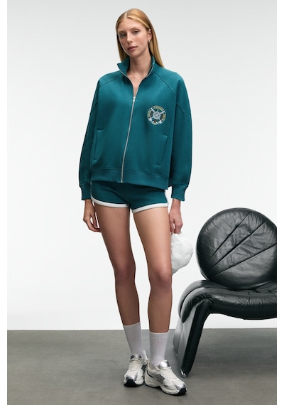 Grimelange Tormenta Kadın Nakışlı Fermuarlı Dik Yaka Çift Cepli Reglan Kol Koyu Turkuaz Sweatshirt Koyu Turkuaz